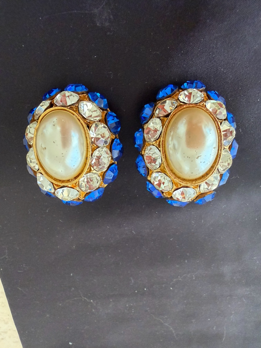 Gold-Tone Pearl Cabochon Clip-On Earrings with Blue and Clear Crystals